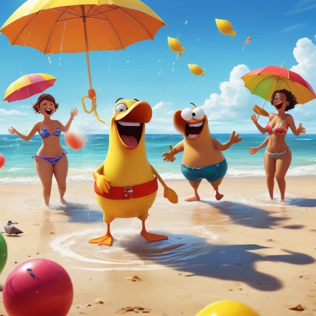 A playful beach scene featuring a diverse group of cartoon characters in whimsical swimwear, each performing hilarious antics like slipping on a banana peel or juggling beach balls. Bright umbrellas in the background and splashes of water as they engage in a silly water fight. The atmosphere is lively and colorful, with a sunny sky and laughing seagulls above. caricature style. vibrant colors.