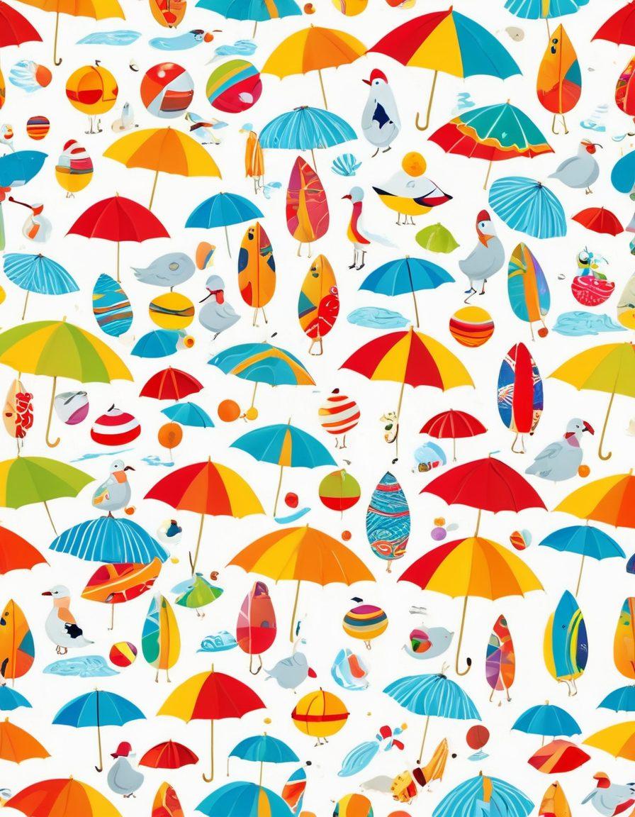 A vibrant beach scene filled with playful characters wearing quirky swimsuits, showcasing exaggerated comedic designs and expressions. Include colorful beach umbrellas and surfboards in the background, alongside cheerful seagulls and beach balls. Bright, sunny atmosphere with a touch of whimsical humor. cartoonish style. vibrant colors. white background.