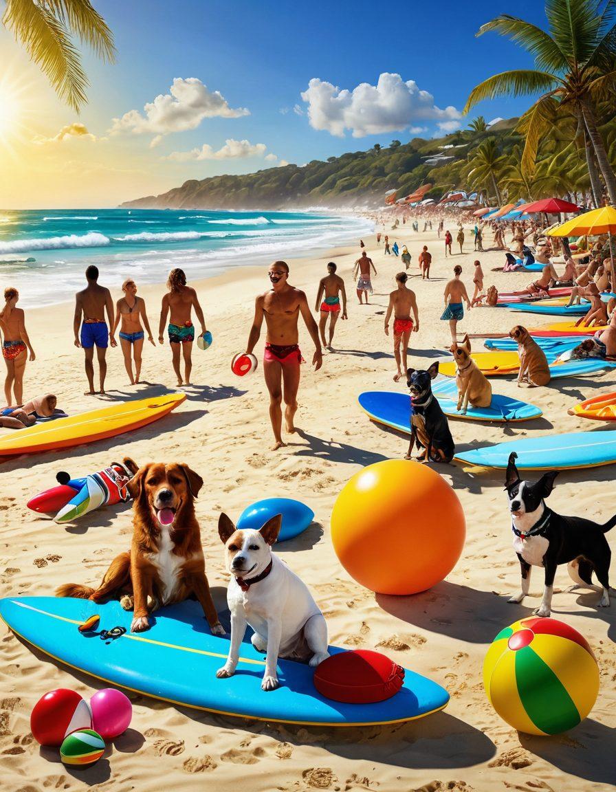 A lively beach scene featuring diverse groups of people wearing outrageous and colorful beachwear, engaging in funny antics like slipping on sand or playing pranks. In the background, vibrant surfboards and a bright sun are visible, enhancing the cheerful atmosphere. Include elements like beach balls and playful dogs to add humor. super-realistic. vibrant colors. sunny ambiance.